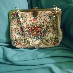 Antique Vintage Embroidered Tapestry Floral Clutch